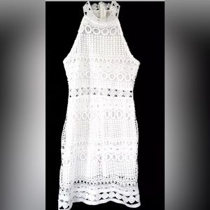 NWOT  White Crocheted Dress Bare shoulders Flattering Lined Sexy & Elega…